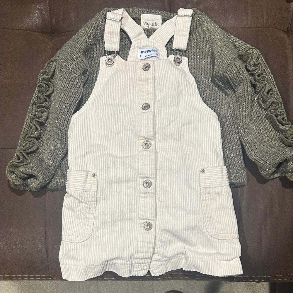 Mayoral Kids Cream and Gray Overalls Set
